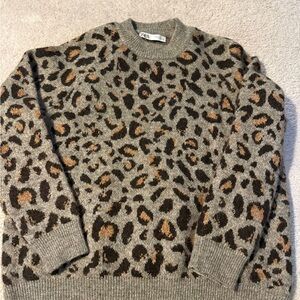 Zara Animal Print Crewneck Sweater - Gray and Brown